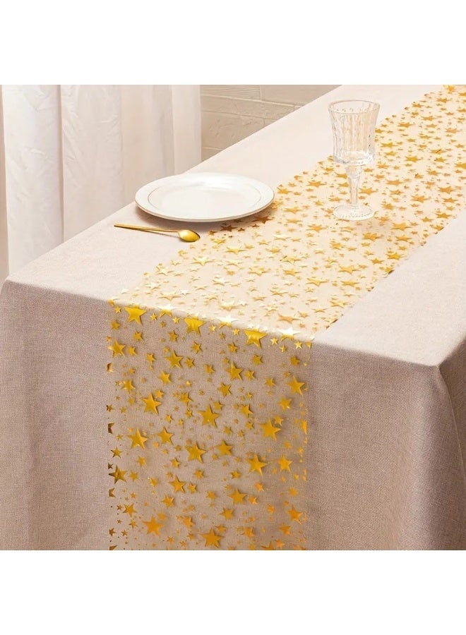 Gold Star Tulle Table Runner 28×275cm, Semi-Transparent Sheer Runner for Wedding & Party Decor - Image 4