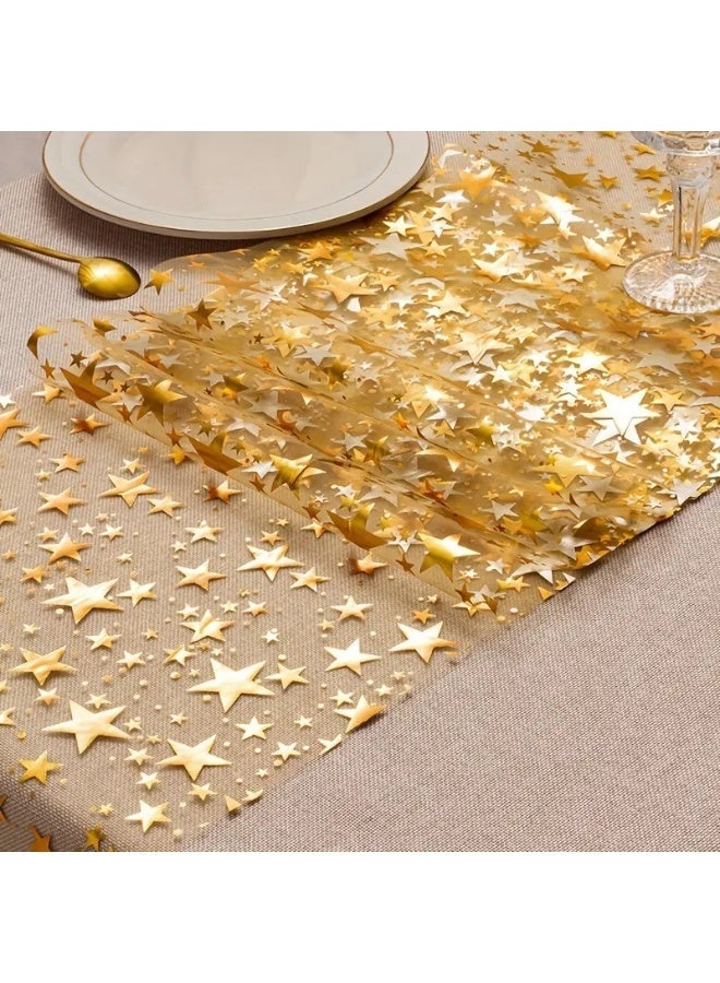 Gold Star Tulle Table Runner 28×275cm, Semi-Transparent Sheer Runner for Wedding & Party Decor - Image 1