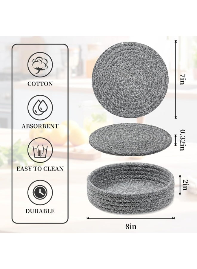NOSKIN 4 Pcs Cotton Woven Trivets for Hot Dishes with Pot Holder, 7-Inch Heat Resistant Hot Pads, Grey - Image 3