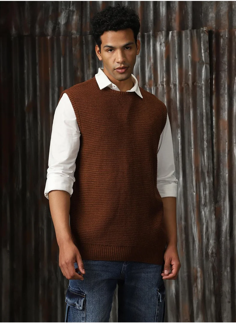 هاي ستار Men's Brown 100% Acrylic Solid Relaxed Fit Sweater