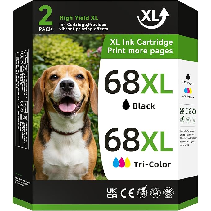 68 Ink Cartridges Black/Color Combo Pack Compatible for 68 Ink Cartridges for Ink 68XL Black Color Combo Fit for Envy 6155e 6555e 6100e 6500e 6552e 6558e Printer (2 Pack, 1 Black, 1 Tri-Color)