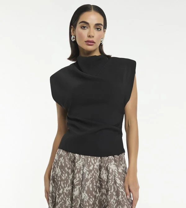 بي سي بي جي BCBG DRAPED NECK SHORT SLEEVES POLYTWILL BLOUSE