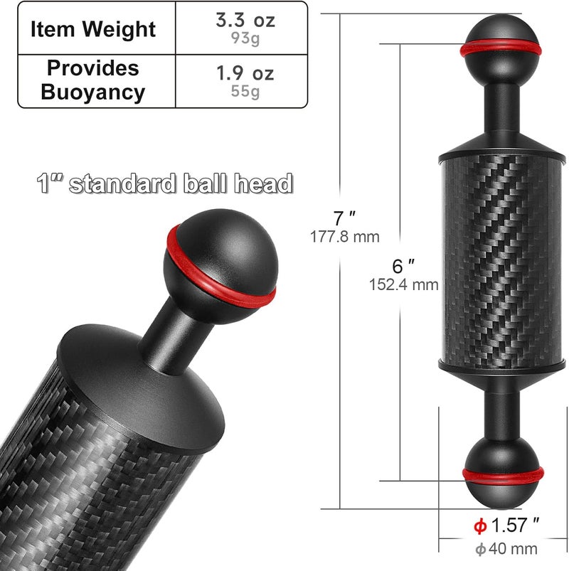 MINI FOCUS 2PCS Carbon Fiber Underwater Float Arm for Ultralight, D40mm, 6", Buoyancy Provided 55g*2, Floating Arm, Dual 1" Ball Underwater Floating Arm for Underwater Camera System Diving Tray - Image 2