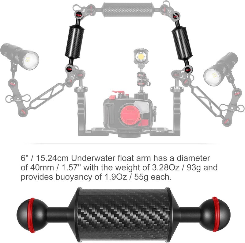 MINI FOCUS 2PCS Carbon Fiber Underwater Float Arm for Ultralight, D40mm, 6", Buoyancy Provided 55g*2, Floating Arm, Dual 1" Ball Underwater Floating Arm for Underwater Camera System Diving Tray - Image 3