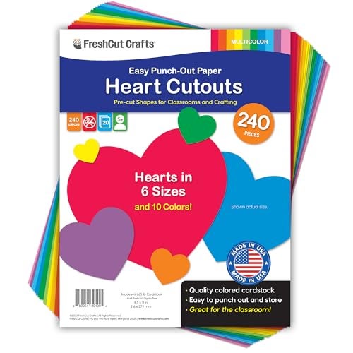 FreshCut Crafts 240 Pieces Heart Paper Cutouts, 2-Sided US Made Card Stock Punch Out Multicolor Hearts for Valentine’s Day Crafts, Bulletin Boards, Classroom Decor, and Posters 10 Vibrant Colors - Image 1