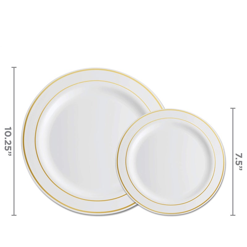 Munfix 100 Piece Plastic Party Plates White Gold Rim  50 Premium Heavy Duty 10.25 Inch Dinner Plates and 50 Disposable 7.5 Inch Dessert Appetizer Elegant Fancy Heavy Duty Wedding Plates - Image 3