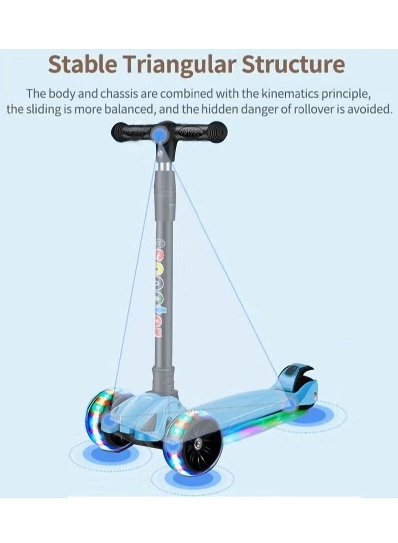 Kids scooter, 3 Wheel Scooter with Flash Wheels and Adjustable Height, Children Kick Scooter for 2-12 Year Kids (Bluel）