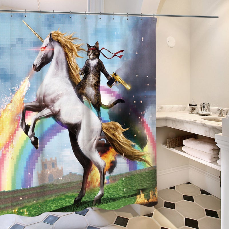 2pcs Cartoon Shower Curtain 3D Printing Curtain Home Decor Bathroom Decor Shower Curtains (Funny Cat) - Image 1