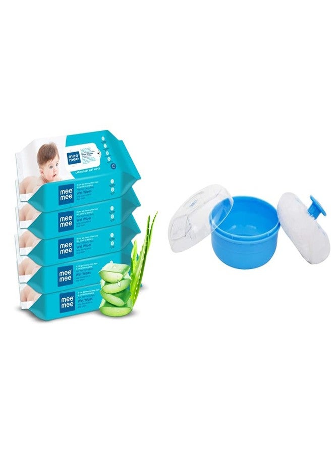 Mee Mee Baby Gentle Wet Wipes with Aloe Vera extracts |72 pcs| Pack of 5 & Mee Mee Powder Puff (Blue, Soft Feel)
