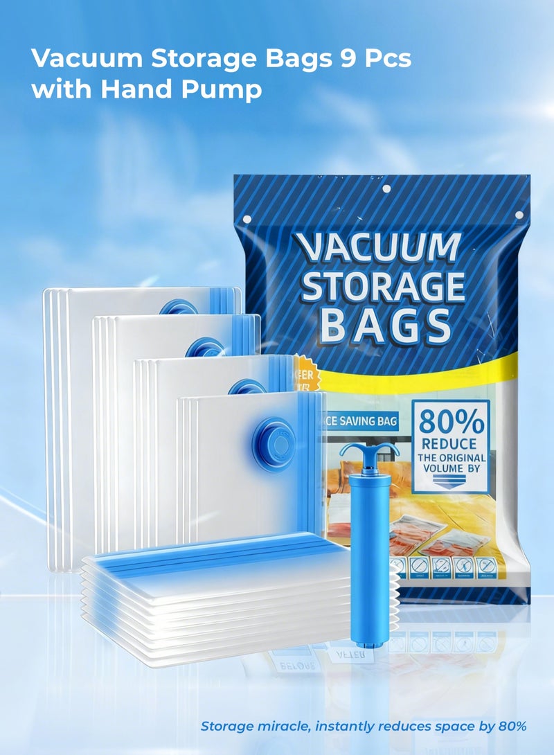 Vacuum Storage Bags 9 Pcs with Hand Pump, Save 80% Space for Storage Clothes/Duvet, Large Capacity | Seal Tight | Reusable | Easy to Use - Image 1