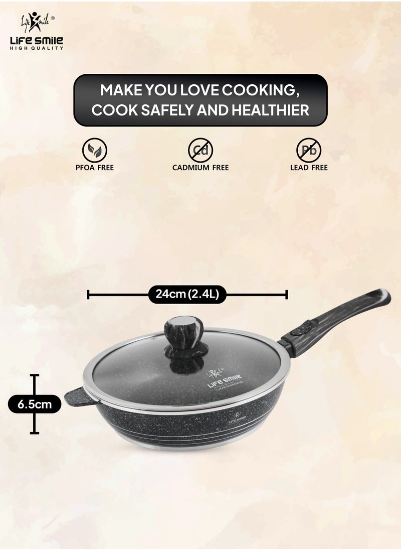 Life Smile - LIFE SMILE Deep Frying Pan With Lid - Multi Layer Granite Coating Non Stick Saute Pan |Detachable Stay Cool Handle With Hanging Loop | Oven Safe (Black,Detachable Handle, 24 CM(2.4 Liters)) - Image 1