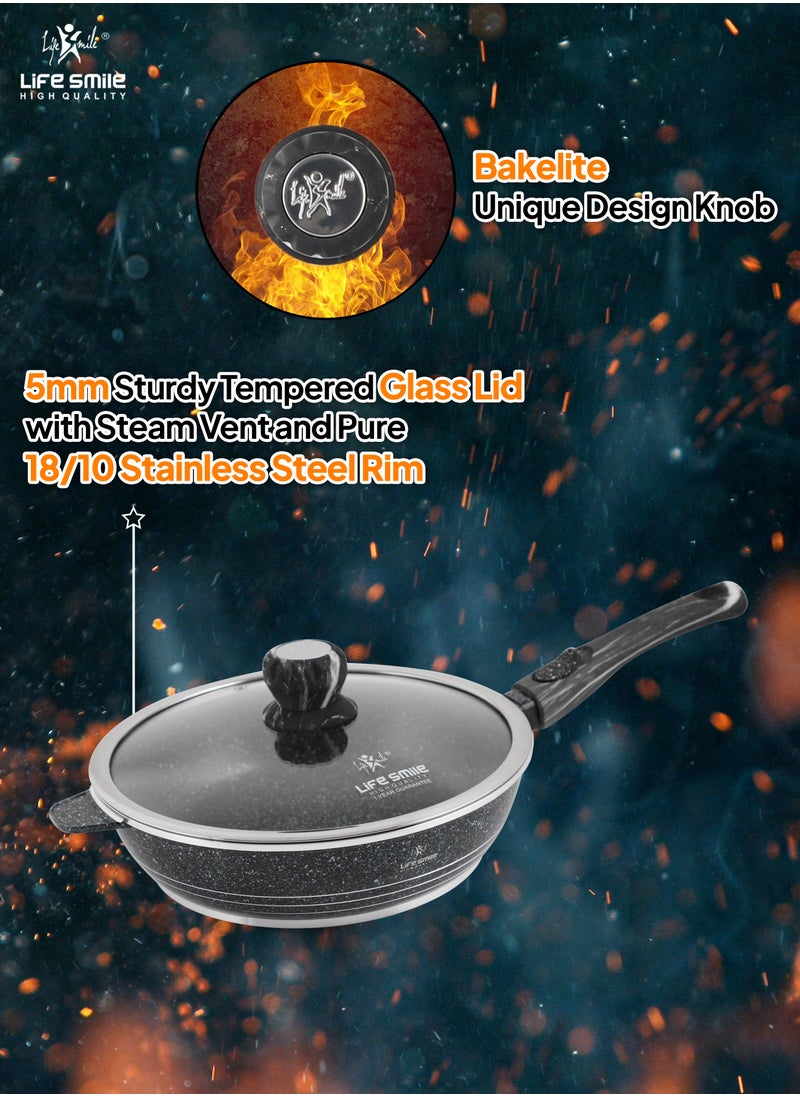 Life Smile - LIFE SMILE Deep Frying Pan With Lid - Multi Layer Granite Coating Non Stick Saute Pan |Detachable Stay Cool Handle With Hanging Loop | Oven Safe (Black,Detachable Handle, 24 CM(2.4 Liters)) - Image 1