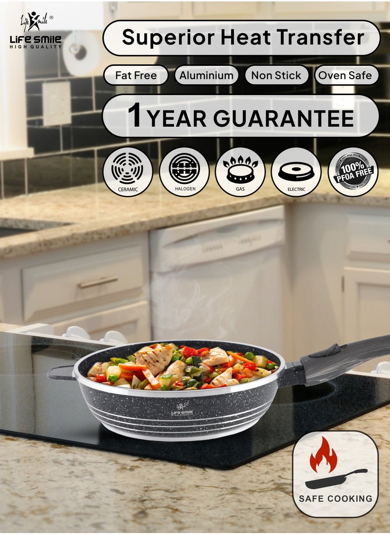 Life Smile - LIFE SMILE Deep Frying Pan With Lid - Multi Layer Granite Coating Non Stick Saute Pan |Detachable Stay Cool Handle With Hanging Loop | Oven Safe (Black,Detachable Handle, 24 CM(2.4 Liters)) - Image 1