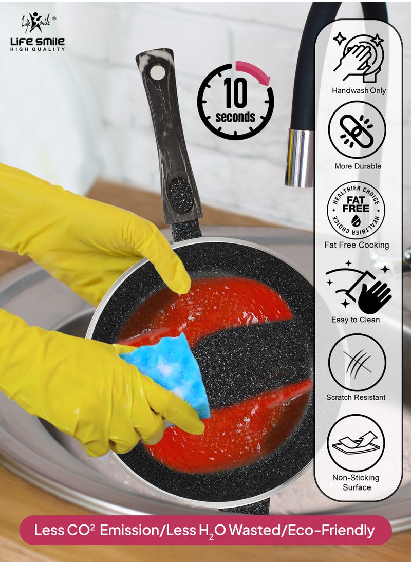 Life Smile - LIFE SMILE Deep Frying Pan With Lid - Multi Layer Granite Coating Non Stick Saute Pan |Detachable Stay Cool Handle With Hanging Loop | Oven Safe (Black,Detachable Handle, 24 CM(2.4 Liters)) - Image 1