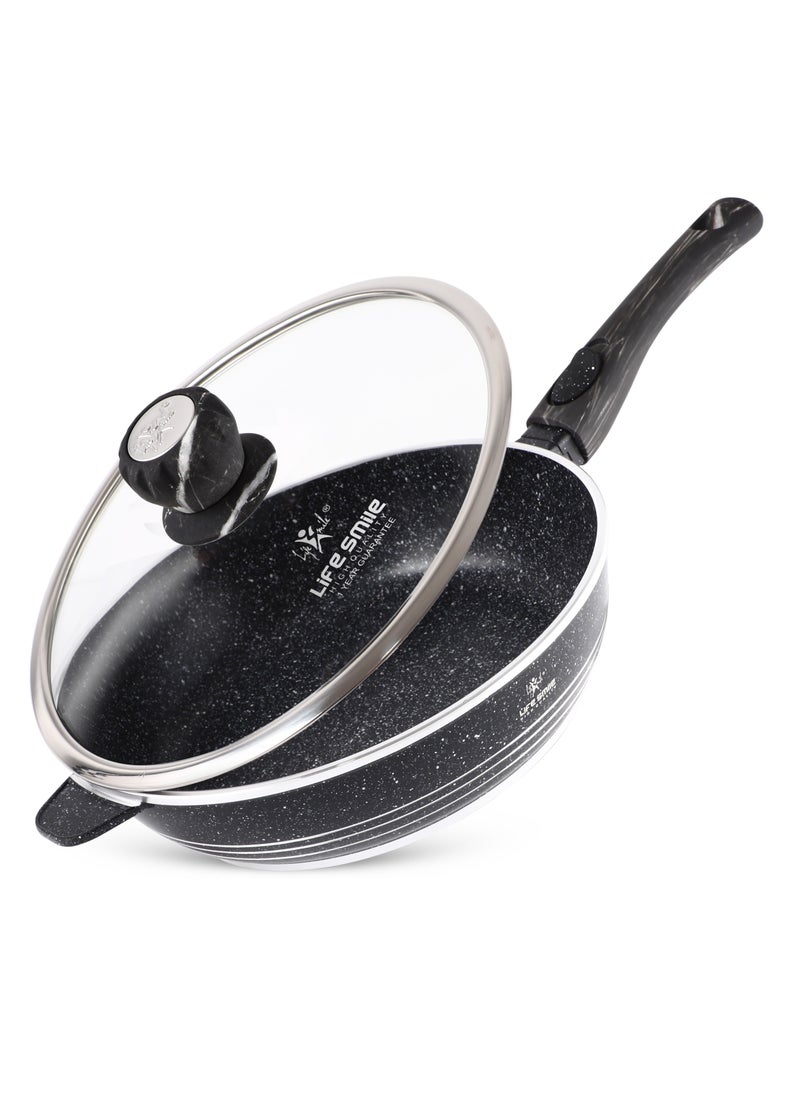 Life Smile - LIFE SMILE Deep Frying Pan With Lid - Multi Layer Granite Coating Non Stick Saute Pan |Detachable Stay Cool Handle With Hanging Loop | Oven Safe (Black,Detachable Handle, 24 CM(2.4 Liters)) - Image 1