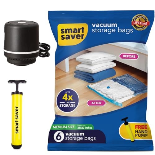 Smart Saver Plastic Vacuum Compression Bags|Vacuum Storage Bags|Vacuum Bags For Travel|Space Saver Vacuum Bags(6Medium + Electric And Manual Pump),White - Image 1
