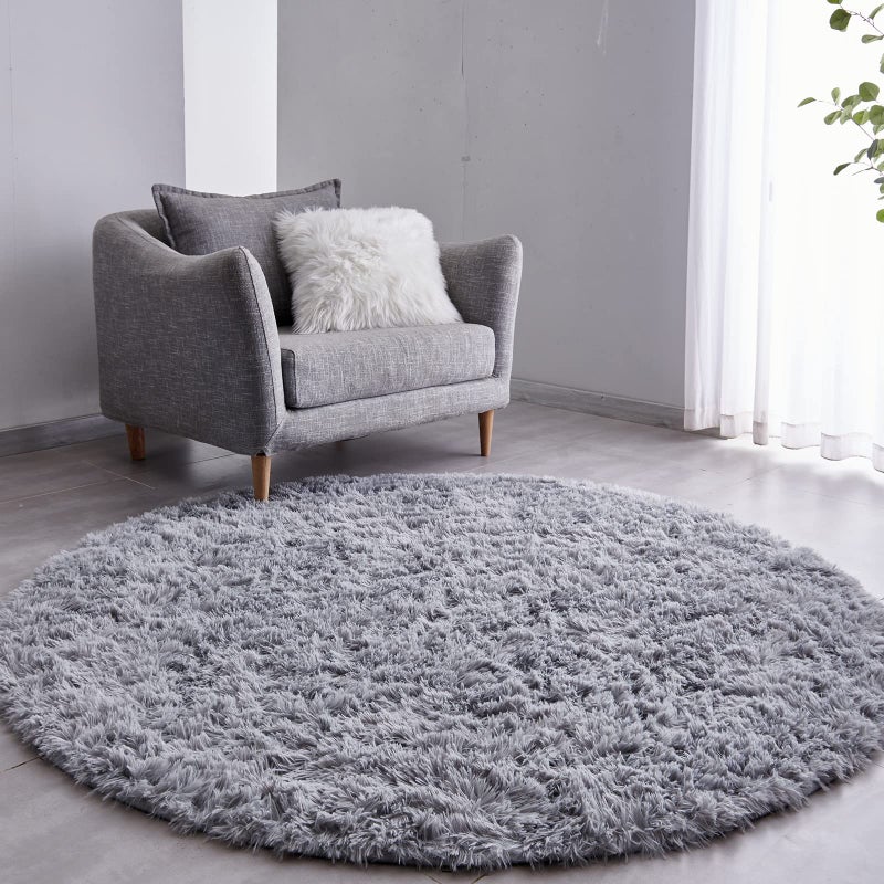FJZFING Grey Round Rug UltraSoft Plush Modern 4x4 Circle Area Rug for Kids Bedroom Fluffy Shag Circular Rug for Nursery Room NonSlip Home Decor Cute Grey Carpet for Teens Room