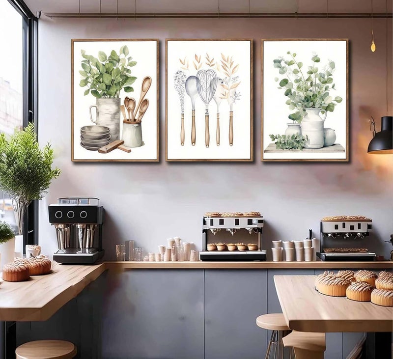 JJX 3 Pcs Framed Farm Sage Green Farmhouse Kitchen Canvas Wall Art Minimalist Dining Room Eucalyptus leaves plant Painting Pictures Wall Decor Poster Print Artwork For Dining Room kitchen Home Decoration - Image 2
