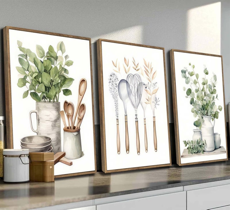 JJX 3 Pcs Framed Farm Sage Green Farmhouse Kitchen Canvas Wall Art Minimalist Dining Room Eucalyptus leaves plant Painting Pictures Wall Decor Poster Print Artwork For Dining Room kitchen Home Decoration - Image 5