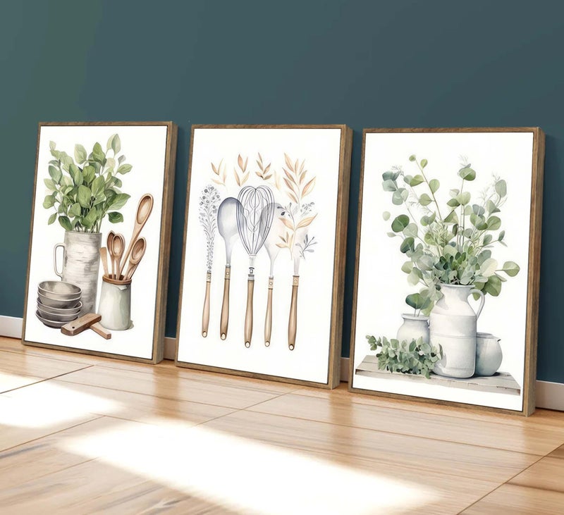 JJX 3 Pcs Framed Farm Sage Green Farmhouse Kitchen Canvas Wall Art Minimalist Dining Room Eucalyptus leaves plant Painting Pictures Wall Decor Poster Print Artwork For Dining Room kitchen Home Decoration - Image 3