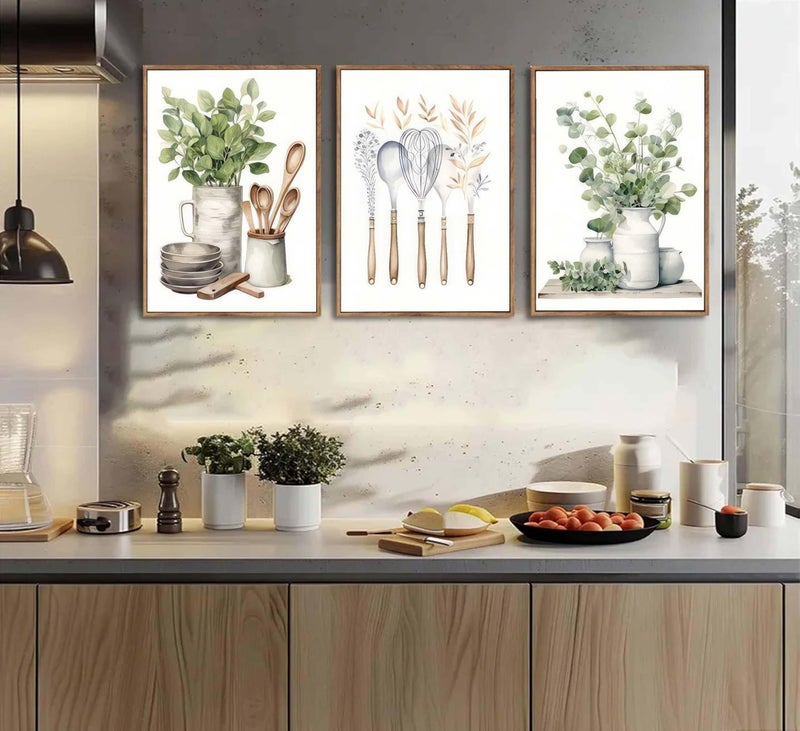 JJX 3 Pcs Framed Farm Sage Green Farmhouse Kitchen Canvas Wall Art Minimalist Dining Room Eucalyptus leaves plant Painting Pictures Wall Decor Poster Print Artwork For Dining Room kitchen Home Decoration - Image 4