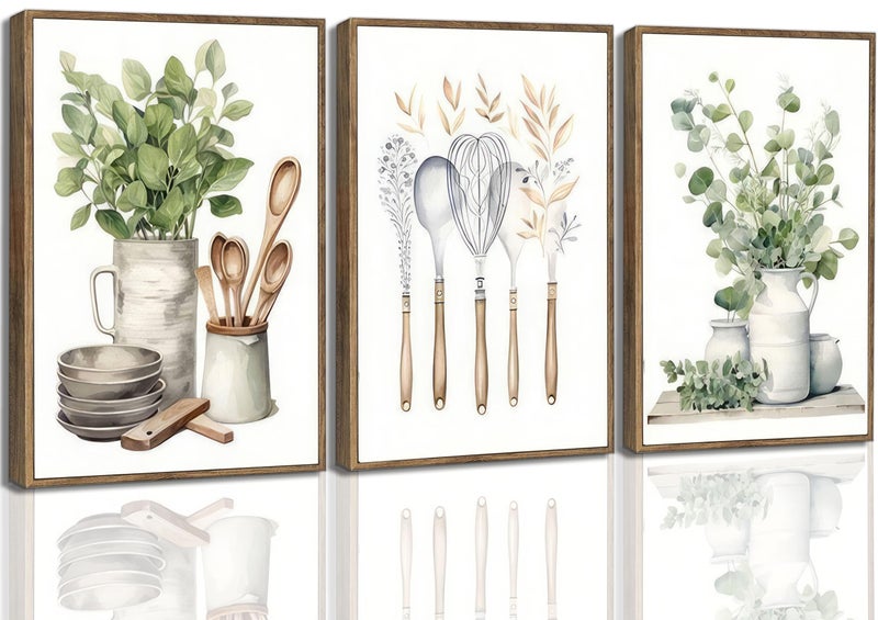 JJX 3 Pcs Framed Farm Sage Green Farmhouse Kitchen Canvas Wall Art Minimalist Dining Room Eucalyptus leaves plant Painting Pictures Wall Decor Poster Print Artwork For Dining Room kitchen Home Decoration - Image 1