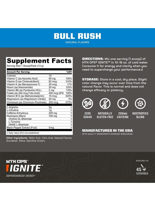 MTN OPS MTN OPS Ignite Energy Drink Powder, Gluten Free Nitric Oxide Supplement Drink Mix, L Arginine, L Citrulline, Caffeine & Nootropic Sugar Free Drink Mix, 45 Servings, Bull Rush  - Image 2