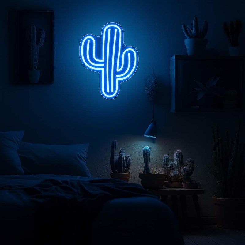Horoof Home Cactus Neon Light - 33x26 cm Blue LED Wall Decor - USB & Battery Powered Acrylic Lamp for Bedroom, Bar, Party, or Office - Image 1