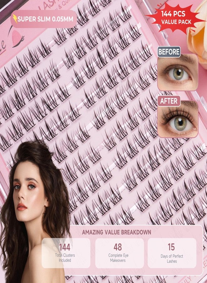 Dorisue Sunflower Lash Clusters Kit 144PCS 8-14mm Sunflower Effect 0.05mm Invisible Band Ultra Soft Natural Daily Wear 15-Week Value Pack with Precision Tweezers and Mini Glue - Image 3