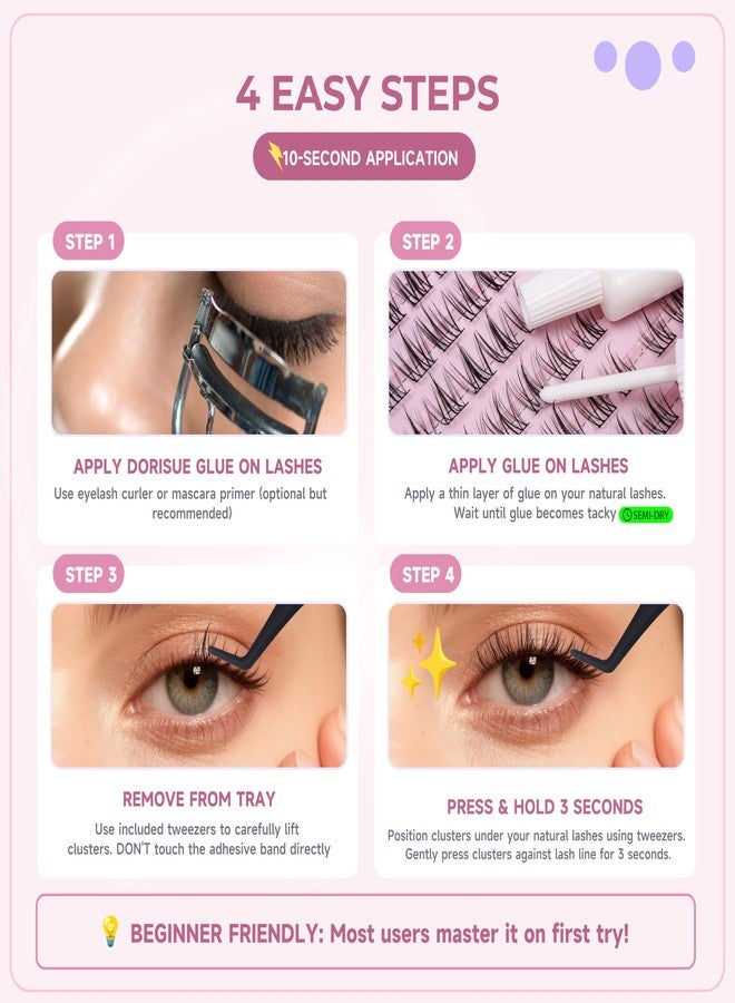 Dorisue Sunflower Lash Clusters Kit 144PCS 8-14mm Sunflower Effect 0.05mm Invisible Band Ultra Soft Natural Daily Wear 15-Week Value Pack with Precision Tweezers and Mini Glue - Image 4