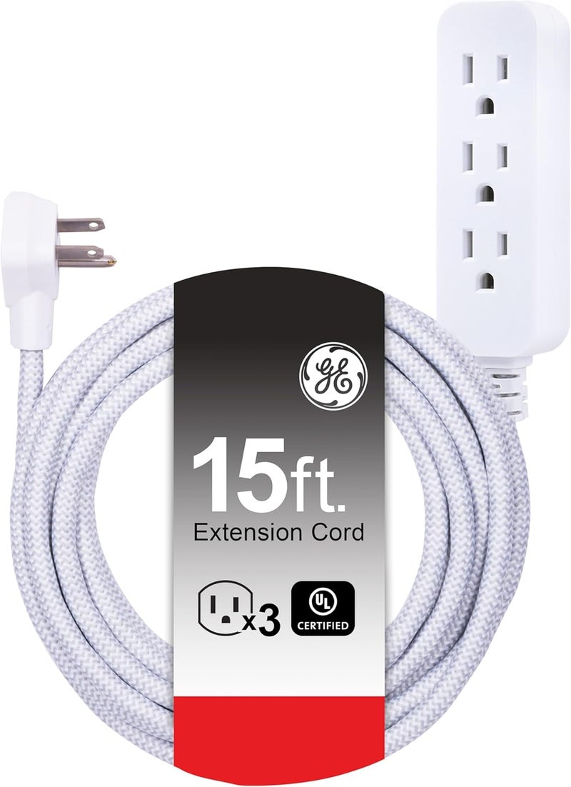 GE 3-Outlet Power Strip Surge Protector 15 Ft Braided Extension Cord with Multiple Outlets Grounded Flat Plug UL Listed White 40530 - Image 1