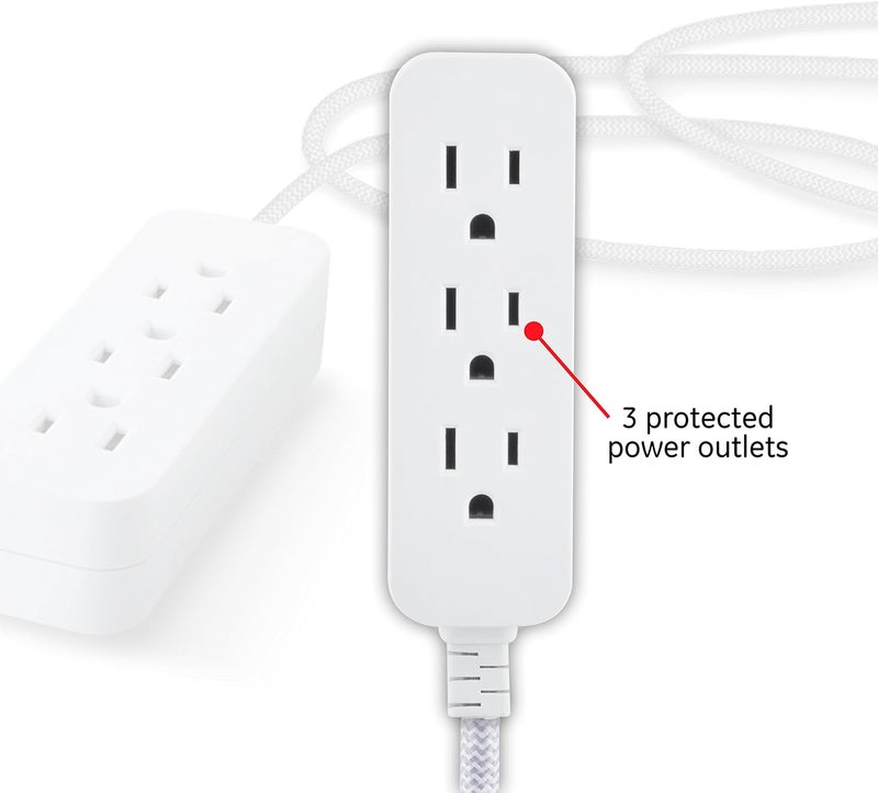GE 3-Outlet Power Strip Surge Protector 15 Ft Braided Extension Cord with Multiple Outlets Grounded Flat Plug UL Listed White 40530 - Image 2