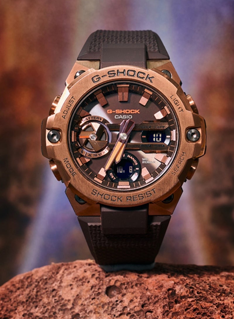CASIO Casio G-STEEL series-disc double-display waterproof and shockproof solar Shi Ying movement resin strap Japanese and Korean men's watch gold dial - Image 2