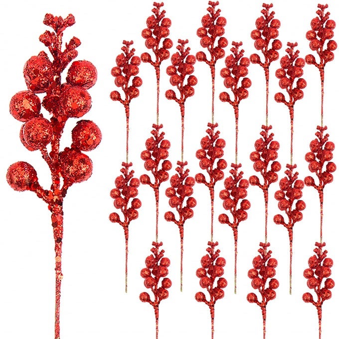 ARTIFICIAL RED BERRY STEMS20 PCS 78 INCH GLITTER CHRISTMAS TREE PICKS FOR CHRISTMAS TREE ORNAMENTSDIY XMAS WREATH HOLIDAY AND HOME DECORATION