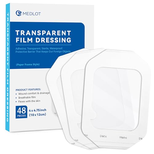 LotFancy Transparent Film Dressing 4” x 4 3/4”, 48PCS, Clear Waterproof Bandage Adhesive Patches, Wound Cover for Post Surgical Shower, IV Shield, Tattoo Aftercare Bandage - Image 1