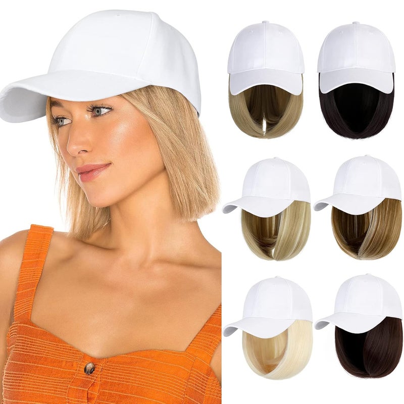Lansigreen Baseball Cap with Hair Extensions Hat Wig Adjustable Hat Attached Short Straight 14 Synthetic Hairpiece for Women Mid Brown Mix Blonde