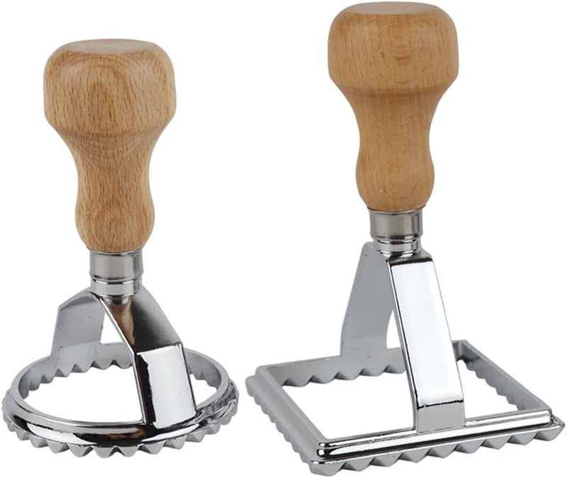 HiCook Ravioli Maker Cutter Stamps Set Round & Square Shape Ravioli Masker - Large Size Aluminum Press with Wooden Handle and Fluted Edge, Set of 2 - Image 1