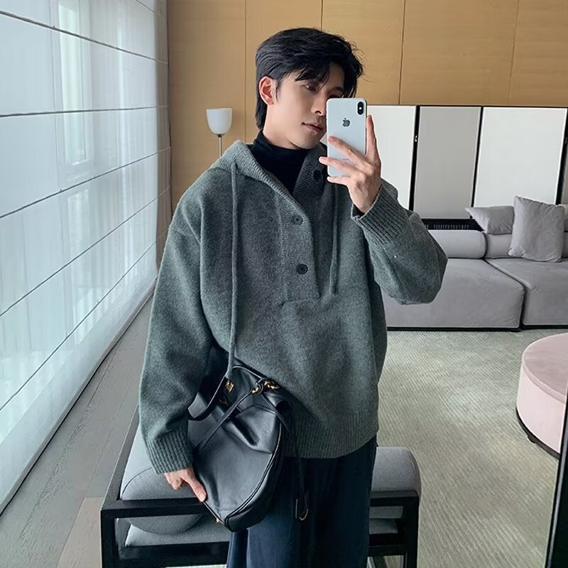 HoodedKnitted Top Mens Plus Size Trendy Jacket Loose Fit For Spring Autumn Versatile Simple Casual Style Knitwear Gray  - Image 1