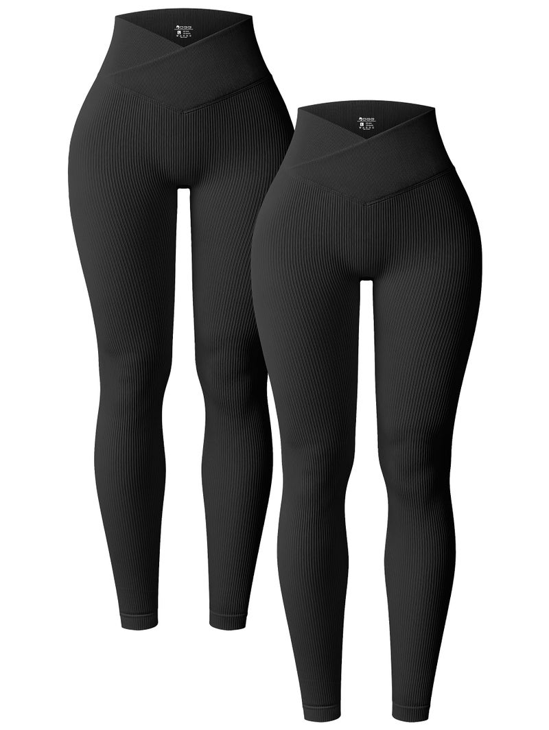 OQQ Women's 2 Piece Yoga Leggings Ribbed Seamless Workout High Waist Cross Over Athletic Exercise Leggings Black Black - Image 1