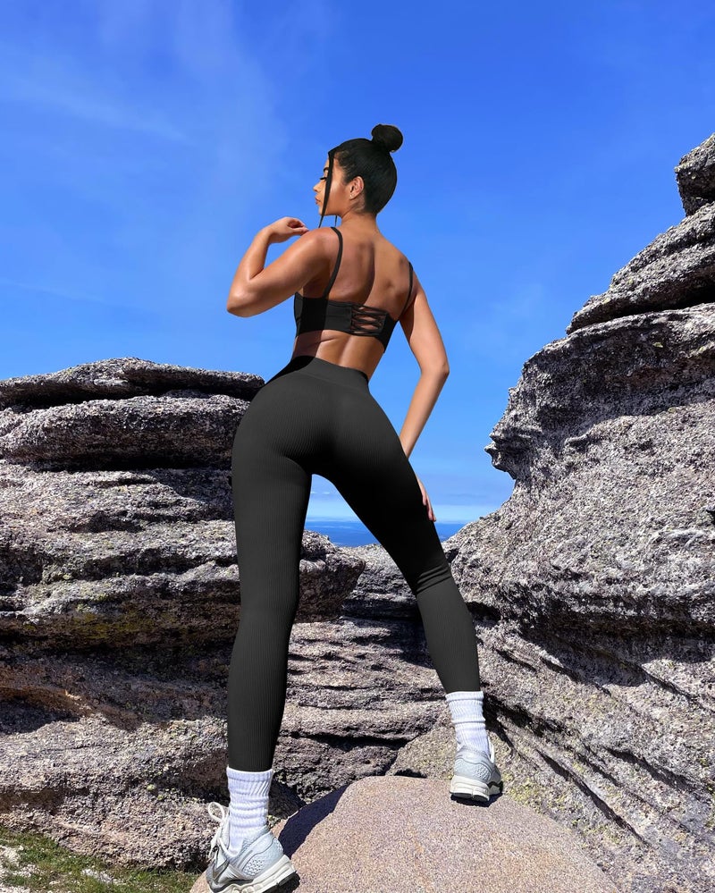 OQQ Women's 2 Piece Yoga Leggings Ribbed Seamless Workout High Waist Cross Over Athletic Exercise Leggings Black Black - Image 3