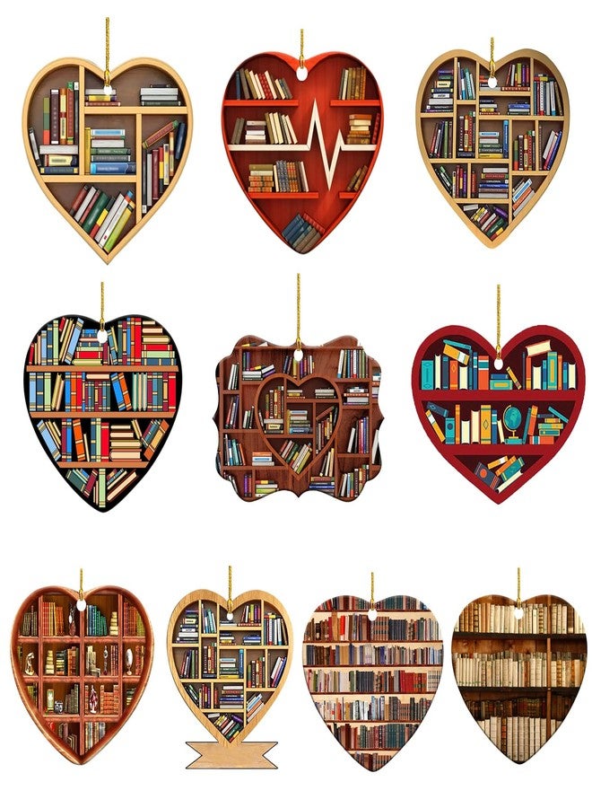 DD-life 10 Pcs Book Lovers Heart Librarian,Books Stacked,Bookshelf Decor,Library,Librarian Christmas Ornament - Image 1