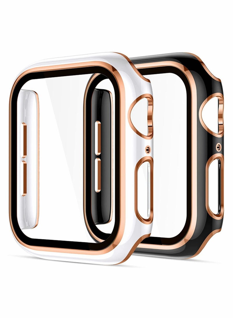 كابتن تيك Cases Compatible with Apple Watch Series 7 41mm, 2Pcs with Tempered Glass Screen Protector Electroplated Rose Gold Edge Slim Case Cover for Women Men(Black/White) - Image 1