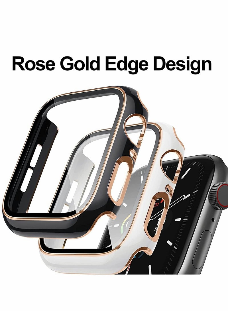 كابتن تيك Cases Compatible with Apple Watch Series 7 41mm, 2Pcs with Tempered Glass Screen Protector Electroplated Rose Gold Edge Slim Case Cover for Women Men(Black/White) - Image 2