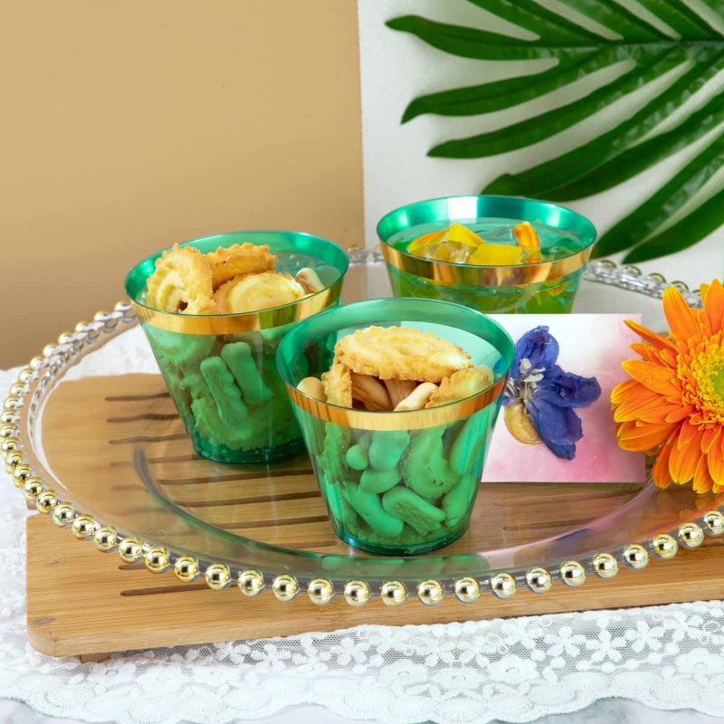 LUODA 150 PCS Green Plastic Cups 9oz Clear Green Disposable Cups with Gold Rim  Old Fashioned Tumblers Gold Rimmed Plastic Cups for Party - Image 5