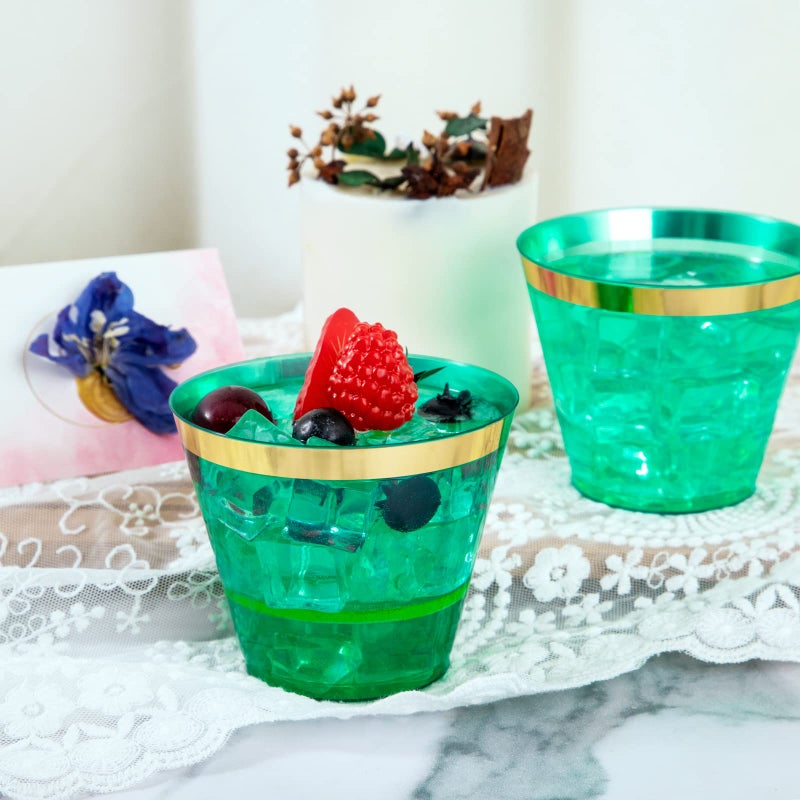 LUODA 150 PCS Green Plastic Cups 9oz Clear Green Disposable Cups with Gold Rim  Old Fashioned Tumblers Gold Rimmed Plastic Cups for Party - Image 3