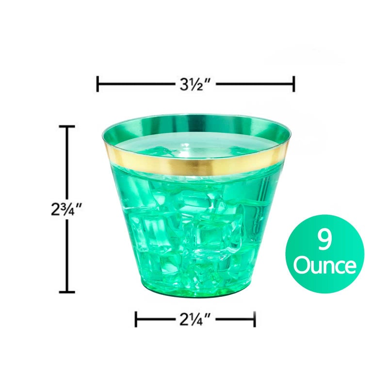 LUODA 150 PCS Green Plastic Cups 9oz Clear Green Disposable Cups with Gold Rim  Old Fashioned Tumblers Gold Rimmed Plastic Cups for Party - Image 2