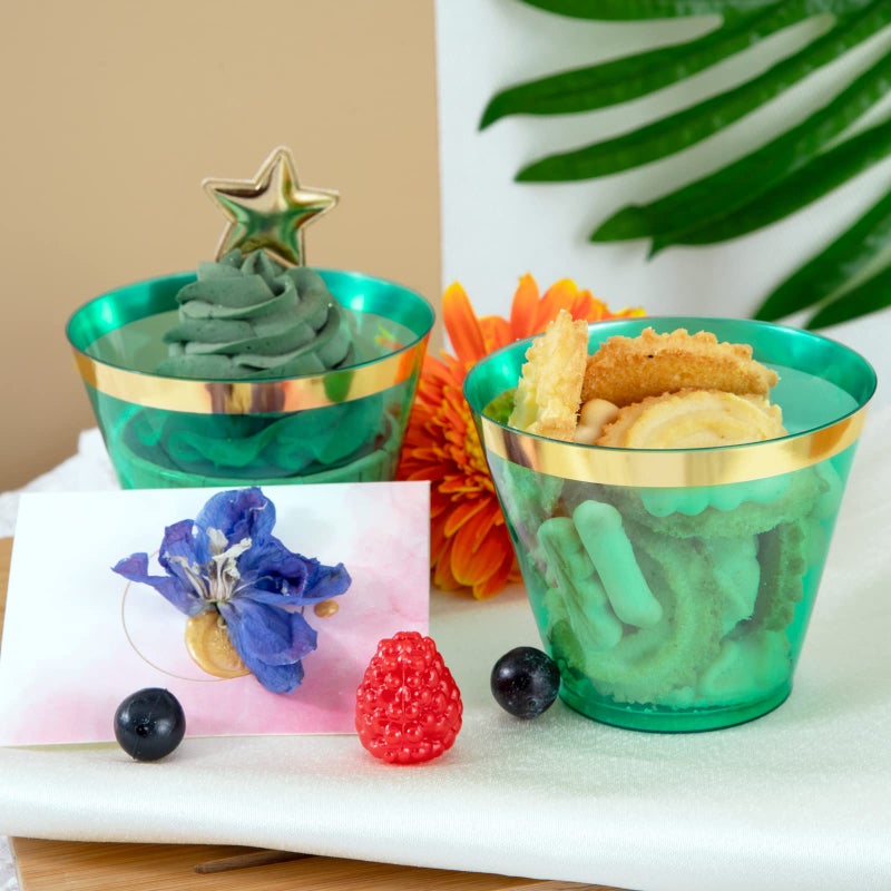 LUODA 150 PCS Green Plastic Cups 9oz Clear Green Disposable Cups with Gold Rim  Old Fashioned Tumblers Gold Rimmed Plastic Cups for Party - Image 4