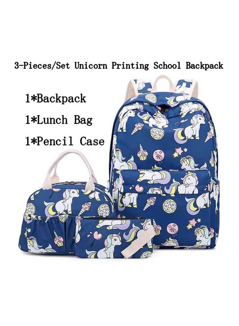 3-Pieces/Set Unicorn Printing School Backpack,Teen Girls Bookbag with Lunch Bag and Pencil Case - Image 1