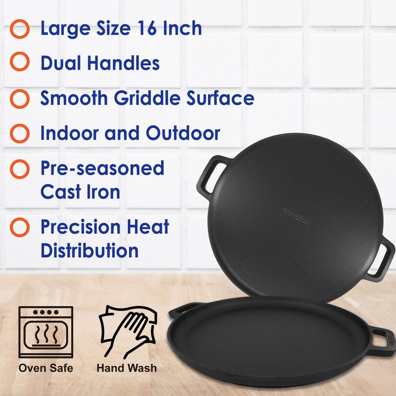 StarBlue 16 Inch Cast Iron Pizza Pan Round Griddle by StarBlue with FREE Silicone Handles and 30 Recipes Ebookâ€“ Pre-Seasoned Comal, Kitchen Essentials for Pizza Lovers, Baking, Grill, BBQ, Stove Oven Safe - Image 4