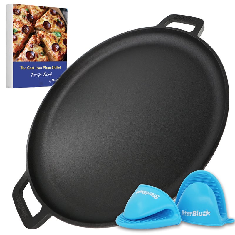 StarBlue 16 Inch Cast Iron Pizza Pan Round Griddle by StarBlue with FREE Silicone Handles and 30 Recipes Ebookâ€“ Pre-Seasoned Comal, Kitchen Essentials for Pizza Lovers, Baking, Grill, BBQ, Stove Oven Safe - Image 1
